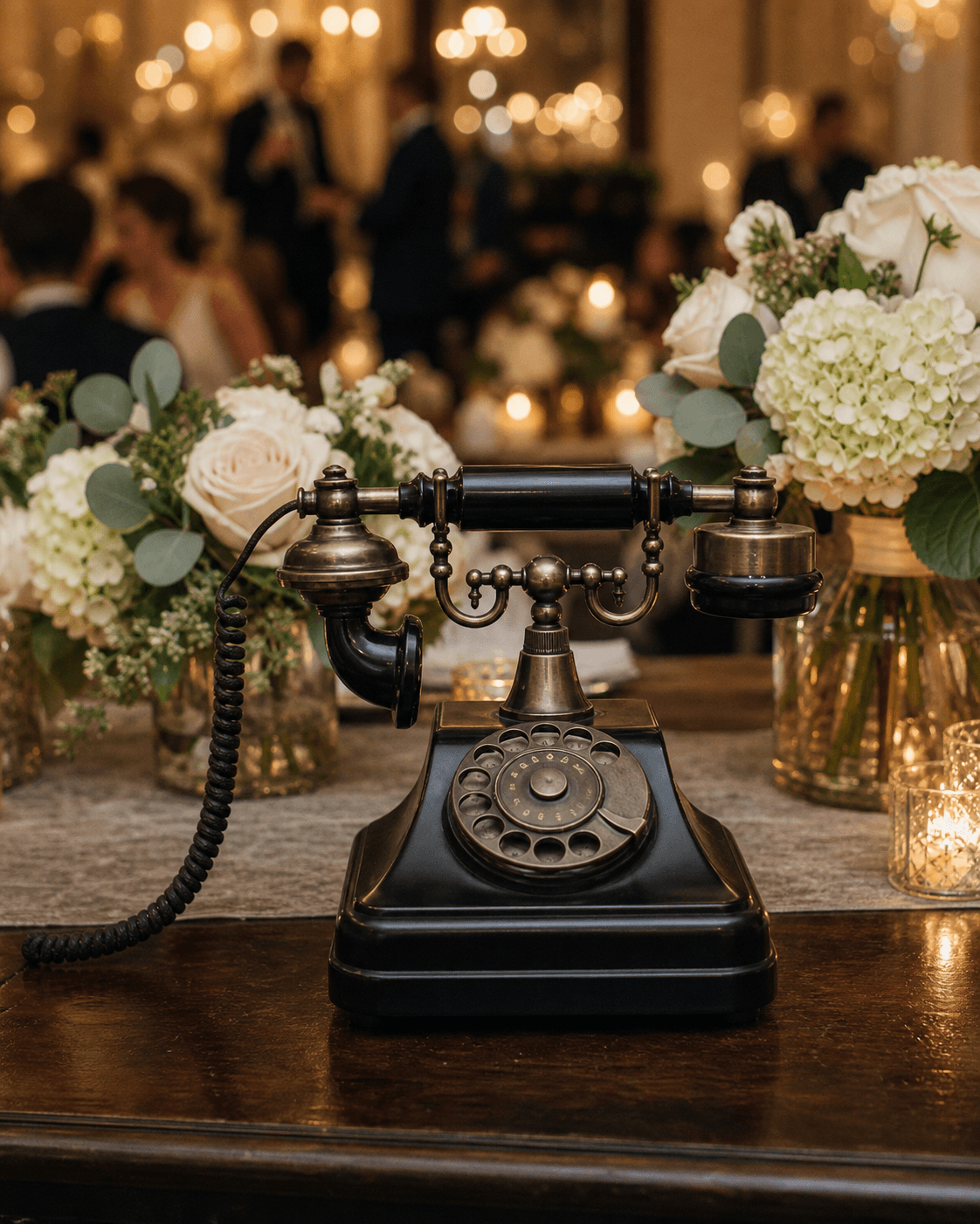 Teléfono antiguo negro y dorado en una recepción formal con flores y velas